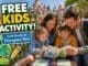 Family with young children colouring a free Earth Month activity booklet at Disneyland Paris with fairytale park background