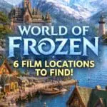 World of Frozen Disneyland Paris style land with Arendelle village, harbour, snowy mountains and ice palace castle