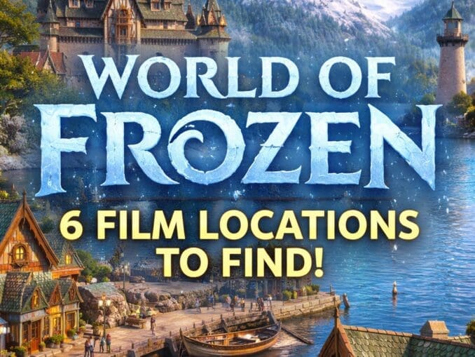 World of Frozen Disneyland Paris style land with Arendelle village, harbour, snowy mountains and ice palace castle
