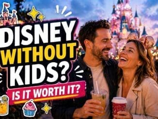 Adults enjoying Disneyland Paris together without kids in a lively theme park setting