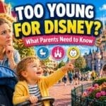 Is my child too young for Disneyland Paris showing parent with toddler at theme park with guide to visiting with young children