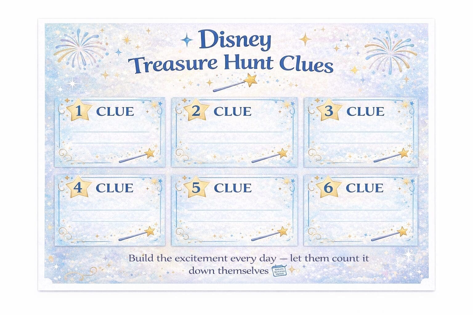 Disney trip treasure hunt clue cards printable for kids surprise reveal