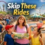 Theme park visitors deciding which rides to skip to save time with queues and attractions in the background