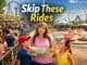 Theme park visitors deciding which rides to skip to save time with queues and attractions in the background