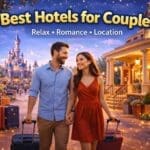 Couple arriving at a stylish theme park hotel with luggage in a relaxed romantic setting