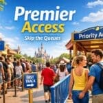 Premier Access fast track queue vs standby line at a theme park showing shorter wait times
