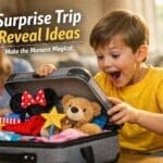 child opening surprise trip suitcase with gifts and toys at home