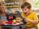 child opening surprise trip suitcase with gifts and toys at home