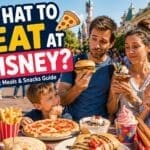 Family choosing between burgers, desserts and snacks at Disneyland Paris with pizza, ice cream and theme park food options in a lively setting