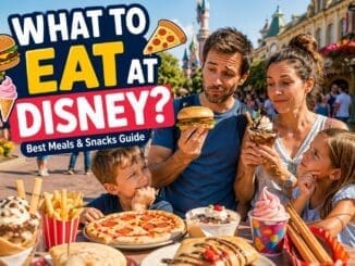 Family choosing between burgers, desserts and snacks at Disneyland Paris with pizza, ice cream and theme park food options in a lively setting