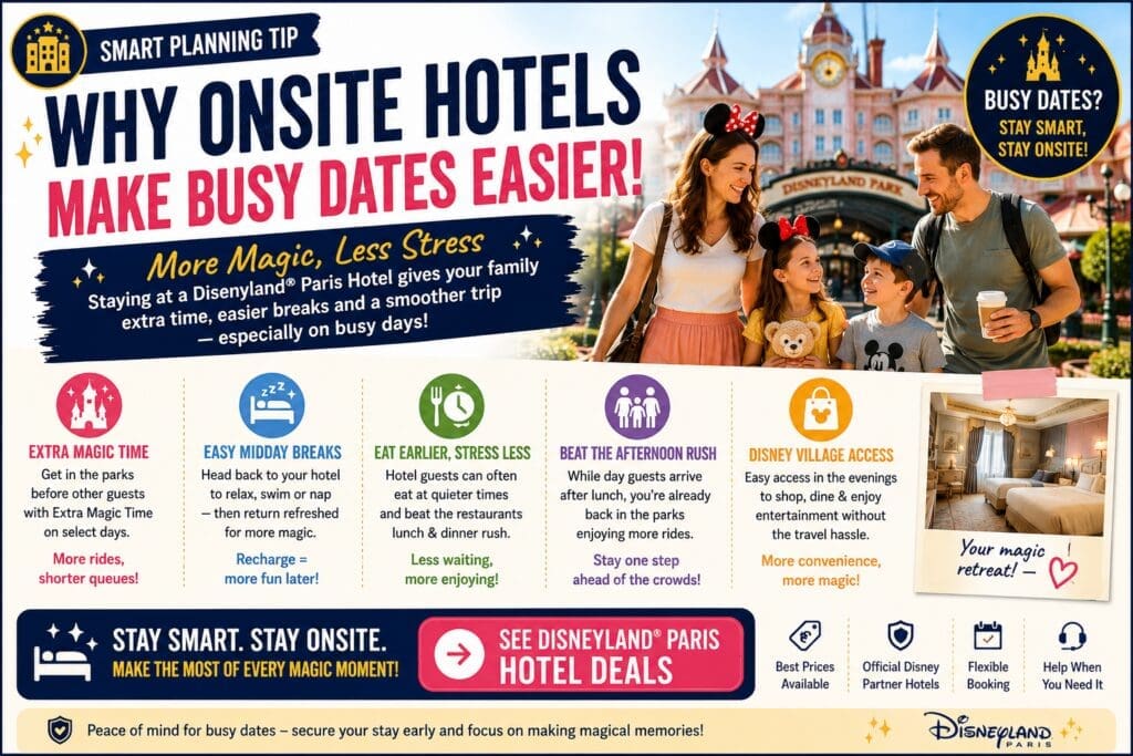 Disneyland Paris onsite hotel benefits graphic showing family enjoying easier park days with Extra Magic Time, quieter meal breaks and reduced stress during busy travel periods
