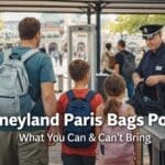 Family going through bag check at a theme park entrance for Disneyland Paris bags policy guide
