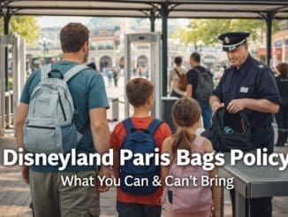 Family going through bag check at a theme park entrance for Disneyland Paris bags policy guide