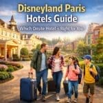 Disneyland Paris onsite hotels guide showing family choosing between different hotel styles