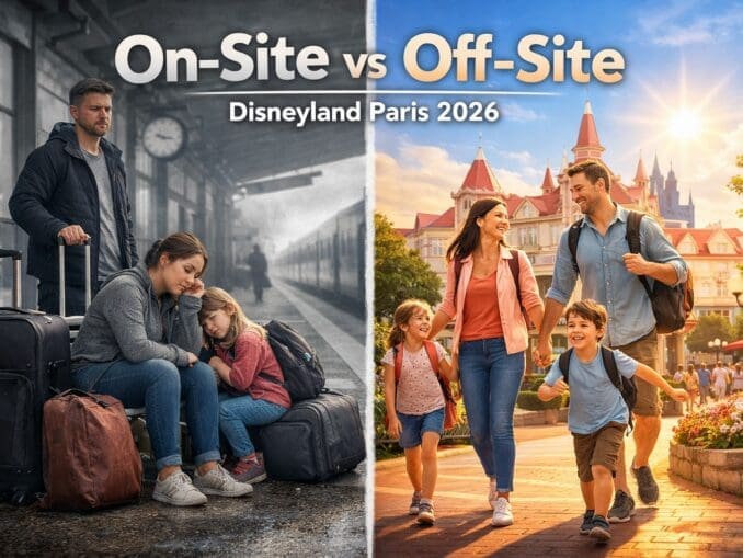 On site vs off site Disneyland Paris hotels comparison showing travel convenience and experience differences