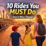 Family enjoying top rides at a theme park with roller coasters and attractions in the background