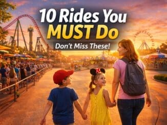 Family enjoying top rides at a theme park with roller coasters and attractions in the background