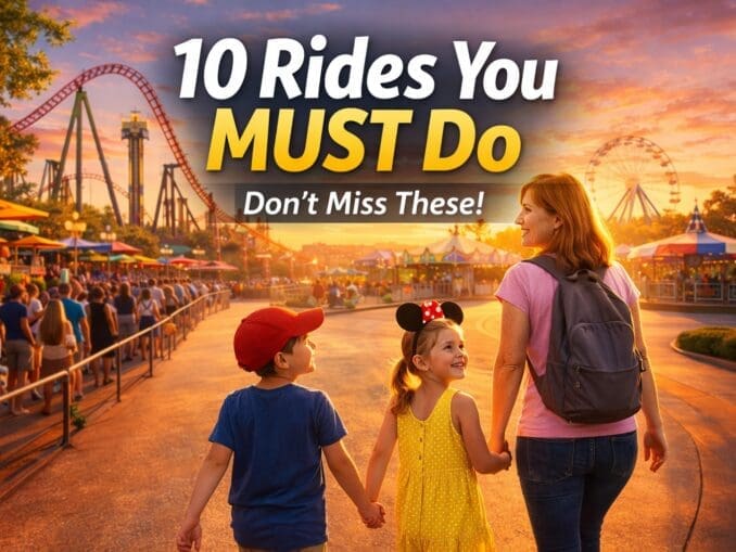 Family enjoying top rides at a theme park with roller coasters and attractions in the background