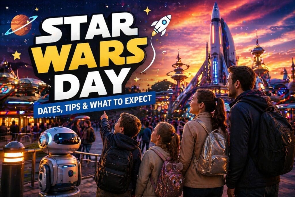 Star Wars Day Disneyland Paris 2026 guide with family in futuristic Discoveryland setting