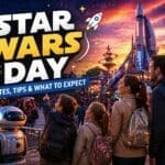 Star Wars Day Disneyland Paris 2026 guide with family in futuristic Discoveryland setting