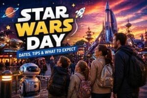 Star Wars Day Disneyland Paris 2026 guide with family in futuristic Discoveryland setting