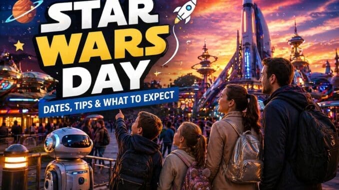 Star Wars Day Disneyland Paris 2026 guide with family in futuristic Discoveryland setting