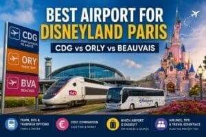 Comparison of CDG, Orly and Beauvais airports for Disneyland Paris with train, shuttle bus and transfer options shown beside a fairytale castle