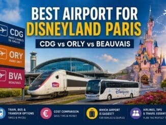 Comparison of CDG, Orly and Beauvais airports for Disneyland Paris with train, shuttle bus and transfer options shown beside a fairytale castle