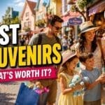 family shopping for souvenirs in theme park shop with colourful gifts and bags
