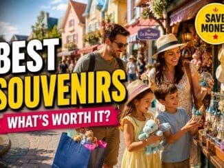 family shopping for souvenirs in theme park shop with colourful gifts and bags