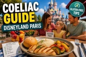 Coeliac guide to Disneyland Paris with gluten-free meal, allergy card and castle background