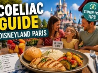 Coeliac guide to Disneyland Paris with gluten-free meal, allergy card and castle background