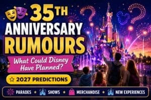 Disneyland Paris 35th Anniversary rumours and predictions feature image showing castle fireworks, drone displays and possible anniversary celebrations for 2027