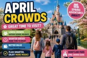Disneyland Paris April crowds guide showing springtime castle scene with family walking toward park entrance and moderate crowds