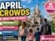 Disneyland Paris April crowds guide showing springtime castle scene with family walking toward park entrance and moderate crowds