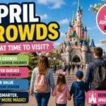 Disneyland Paris April crowds guide showing springtime castle scene with family walking toward park entrance and moderate crowds