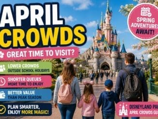 Disneyland Paris April crowds guide showing springtime castle scene with family walking toward park entrance and moderate crowds