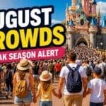 Disneyland Paris August crowds guide showing very busy peak summer crowds walking toward castle in hot sunny weather