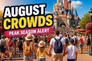 Disneyland Paris in August guide showing very busy peak summer crowds walking toward the castle in hot sunny weather