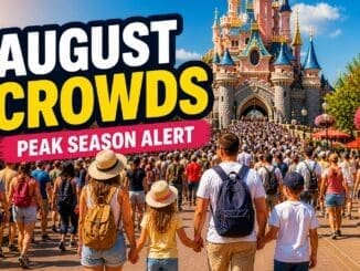 Disneyland Paris August crowds guide showing very busy peak summer crowds walking toward castle in hot sunny weather