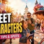 child meeting theme park performer with autograph book and balloons in magical fairytale park setting