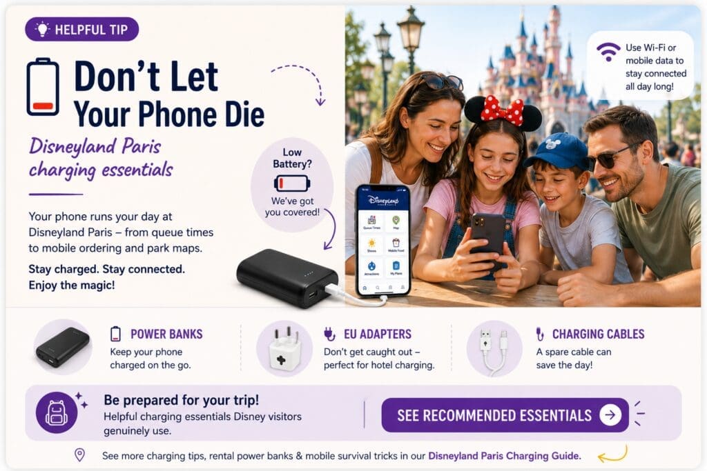 Disneyland Paris charging essentials graphic showing family using phones with portable charger, EU adapters and mobile app near the castle