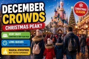 Disneyland Paris December crowds guide with festive Christmas decorations, busy holiday crowds, family walking toward castle and winter season atmosphere