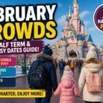 Disneyland Paris February crowds guide with family walking toward castle in winter and moderate crowds during half term