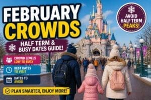 Disneyland Paris February crowds guide with family walking toward castle in winter and moderate crowds during half term