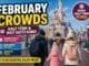 Disneyland Paris February crowds guide with family walking toward castle in winter and moderate crowds during half term