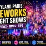 Disneyland Paris fireworks and night show over castle with crowd watching colourful display