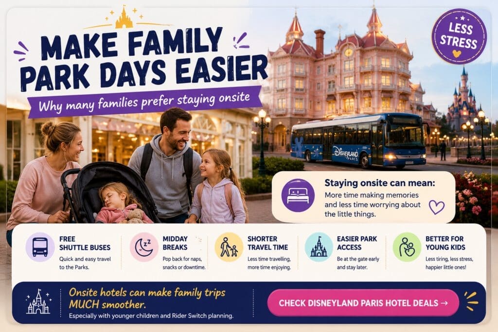 Disneyland Paris hotel deals graphic showing family with stroller outside Disney hotel and shuttle bus promoting easier family park days