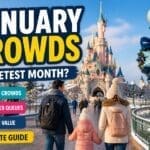 Disneyland Paris January crowds guide with family walking toward castle in winter weather and lower crowds