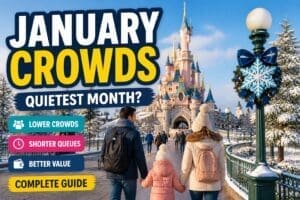 Disneyland Paris January crowds guide with family walking toward castle in winter weather and lower crowds